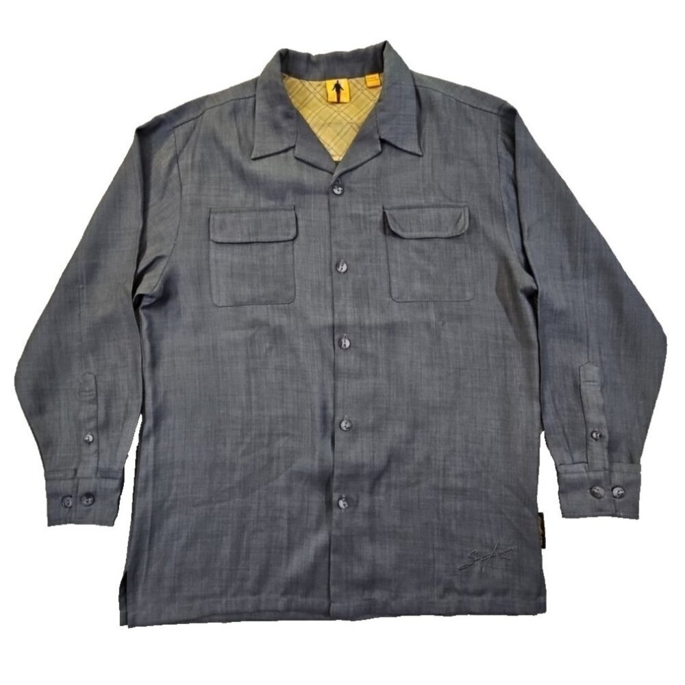 Steve‎ Harvey Shirt Men's Large Gray Button Up Rayon Flip Cuff 2 Pockets EUC